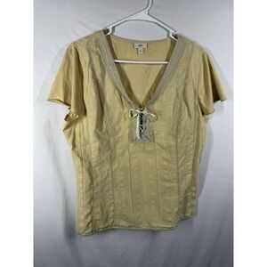 J. Jill Women's Sz 12 Yellow Lace-Up V-Neck Boho Blouse Crochet Trim Textured